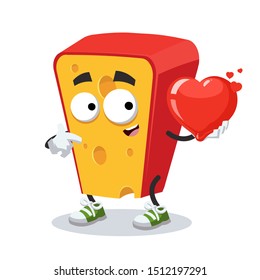 cartoon piece of dutch cheese character mascot keeps the heart on white background