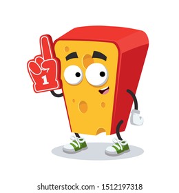 cartoon piece of dutch cheese character mascot with the number 1 one sports fan hand glove on a white background