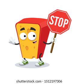 cartoon piece of dutch cheese mascot with tablet stop in hand on white background