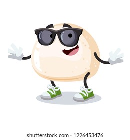 cartoon piece of mozzarella cheese character mascot in black sunglasses on a white background