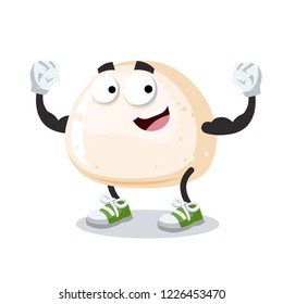 cartoon piece of mozzarella cheese mascot shows its strength on a white background