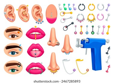 Cartoon piercing. Jewelry metal rings fashion earrings for pierced body parts, pierce spike ear hoop nose tongue face girl lip piercings, ingenious vector illustration of piercing jewelry ring