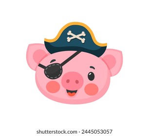 Caricatura cerdo animal pirata o corsario capitán y patrón, Vector personaje divertido. Cara feliz del contramaestre del cerdo o del animal del cochinillo del pirata caribeño en sombrero del tricorne del corsario con los huesos cruzados y el parche del ojo