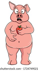 cartoon pig with apple.isolated on white background.vector stock illustration