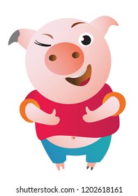Cartoon Pig approves with thumb up and winks. Vector illustration. Symbol of the new year 2019 Isolated on transparent background. Excellent for the design of postcards, posters, stickers etc.  