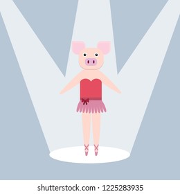 cartoon pig ballet dancer dancing in the theater, on the stage, in the light of spotlights, children vector illustration