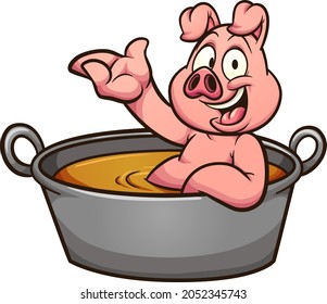 Cartoon pig bathing in a big casserole. Vector clip art illustration with simple gradients. All on a single layer.
