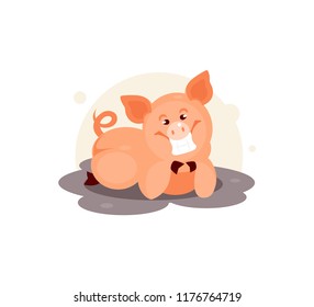 Cartoon pig bathing in a puddle of mud. Humorous vector illustration