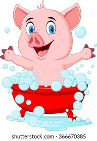 Cartoon pig bathing waving hand