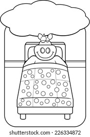 A cartoon pig in bed dreaming and smiling.