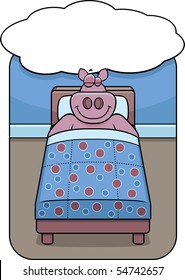 A Cartoon Pig In Bed Dreaming And Smiling.