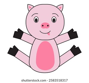 Cartoon pig with black hooves and a pink belly. Vector illustration.