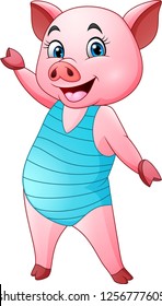 Cartoon pig in a blue swimsuit