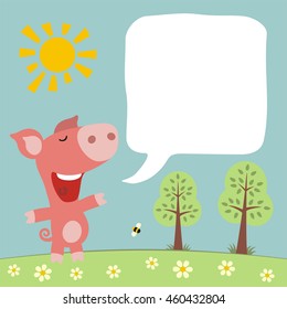 Cartoon pig with bobble speech - box for your text.