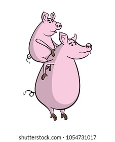 Cartoon pig carrying another pig his back