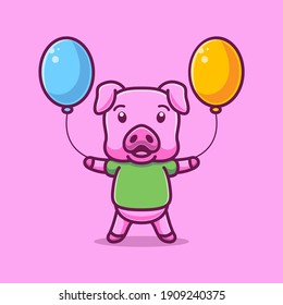 cartoon pig carrying balloons vector illustration