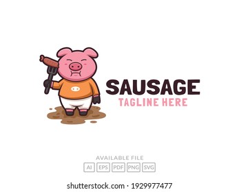 Cartoon pig character mascot with pork sausage logo design illustration