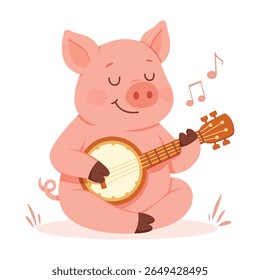 Cartoon Pig Character Playing Music Illustration, funny illustration of cute pig playing music instruments 