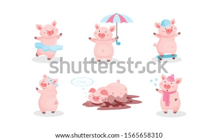Cartoon Pig Character Vector Set. Piggie Lying in Dirty Puddle, Dancing and Skateboarding