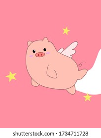 Cartoon pig character with wing and pink background