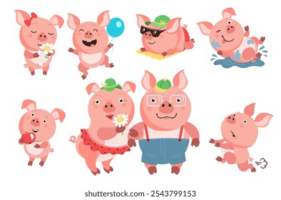 Personajes de cerdo de dibujos animados. Animales domésticos lindos en diferentes poses, acciones y emociones. Niños y padres sonrientes. Familia Piggy. Felices mamíferos de granja. Lechones rosados