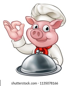 A cartoon pig chef character mascot holding a silver platter cloche food dome tray and doing a perfect hand gesture