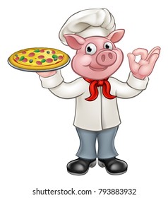 A cartoon pig chef character mascot holding a pizza and doing a perfect hand gesture