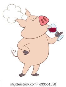 Cartoon Pig Chef Drinking Wine