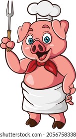 Cartoon pig chef holding a fork