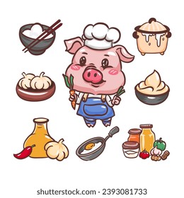 A cartoon pig chef wearing a chef's hat and apron is standing, holding a carrot in one hand. There are a variety of cooking utensils and ingredients 