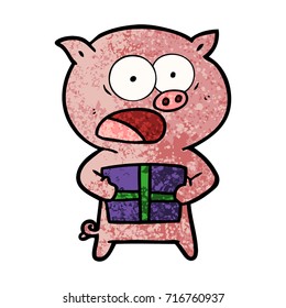 cartoon pig with christmas present