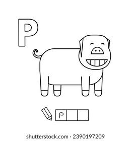 Cartoon pig coloring pages. Learning game for small children - write a word in English language. Vector alphabet for kids