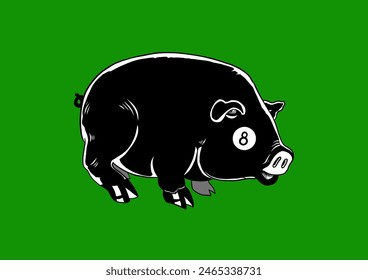 A cartoon pig with the colors of the black pool game ball. Vector illustration