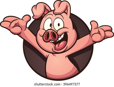 Cartoon pig coming out of a hole. Vector clip art illustration with simple gradients. All in a single layer. 