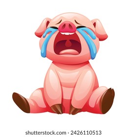Cartoon pig crying while sitting. Vector illustration isolated on white background