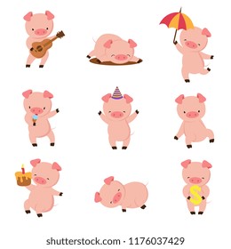 Cartoon pig. Cute smiling pigs playing in mud. Vector farm animal character set. Illustration of pig in mud, fun farm swine