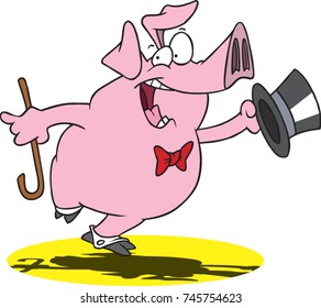 cartoon pig dancing on stage with a cane and top hat