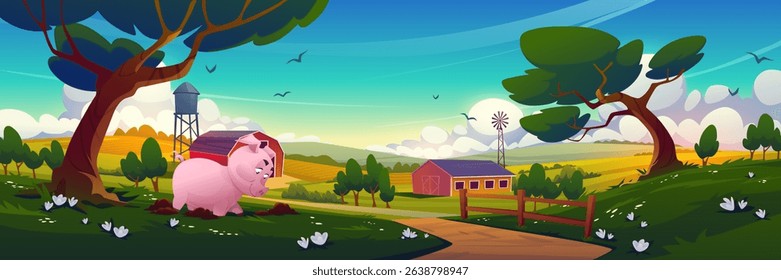 Cartoon pig digging on farm landscape - pink piggy digs dirt under tree with rural barn, water tower, windmill in background. Countryside scene with green fields, white flowers, fence and path.