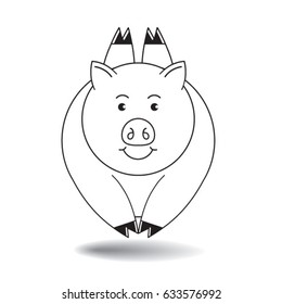 cartoon pig diving in black outline-vector drawing