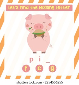 Cartoon a pig eating burger. Educational spelling game for kids. Complete the missing letters for animal farm name in English. Kids educational worksheet.