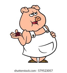 Cartoon Pig Eating and Holding Full Stomach Vector Illustration
