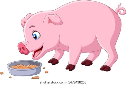 Cartoon pig eating on white background