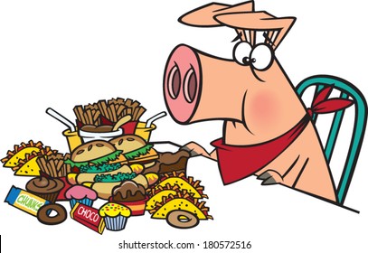 Cartoon Pig Eating A Pile Of Junk Food