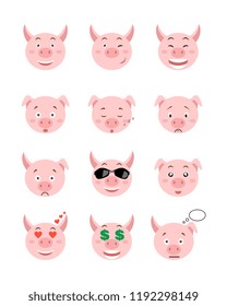 Cartoon pig emotions set. Smiling, bored, enamored, sleepy, sad and other pig's emotions  collection. Set expressions avatar