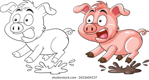 A cartoon pig energetically jumps into a mud puddle, showcasing vibrant colors and dynamic movement in a vector style