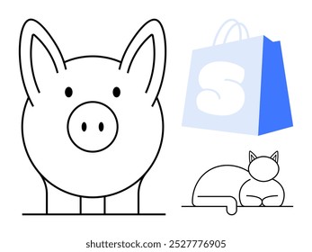 Cara de cerdo de dibujos animados, bolso de compras azul con letra S y gato dormido. Ideal para temas de mascotas, libros para niños, compras en línea, arte minimalista, materiales educativos. Estilo de líneas limpias