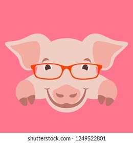 cartoon pig face in glasses, vector illustration front view