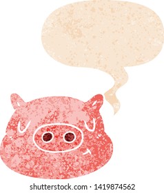caricatura de cerdo con burbuja de habla en un estilo retro angustiado con textura grunge