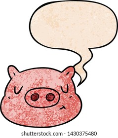 caricatura de cerdo con burbuja de habla en estilo de textura retro