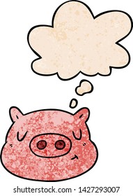 cartoon pig face with thought bubble in grunge texture style